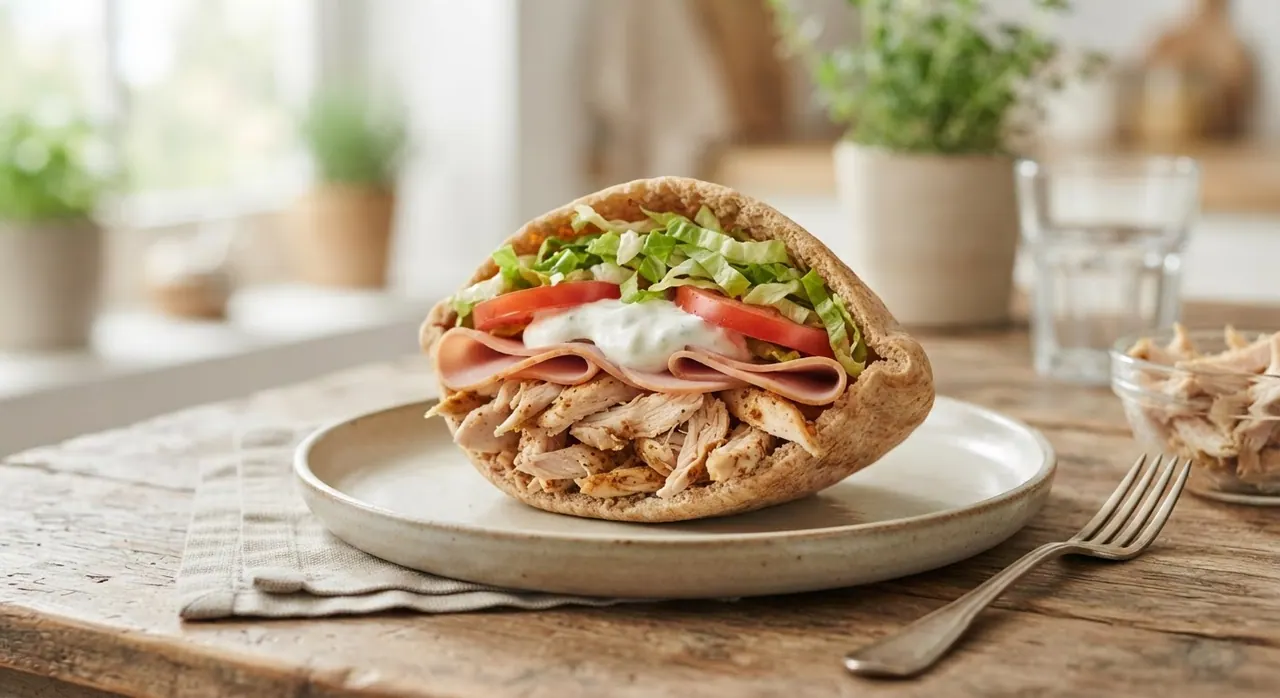 Pita de jamón de pavo con pechuga desmenuzada y verduras