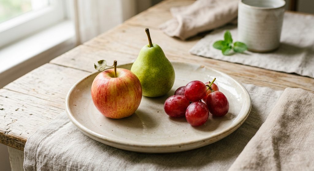 1 manzana, 1 pera y 5 uvas
