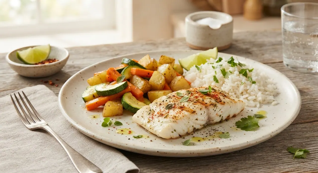 Pescado empapelado o a la plancha con verduras, arroz y papa cocida
