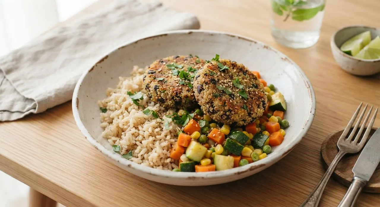 Arroz integral con verduras y 2 hamburguesas de quinoa