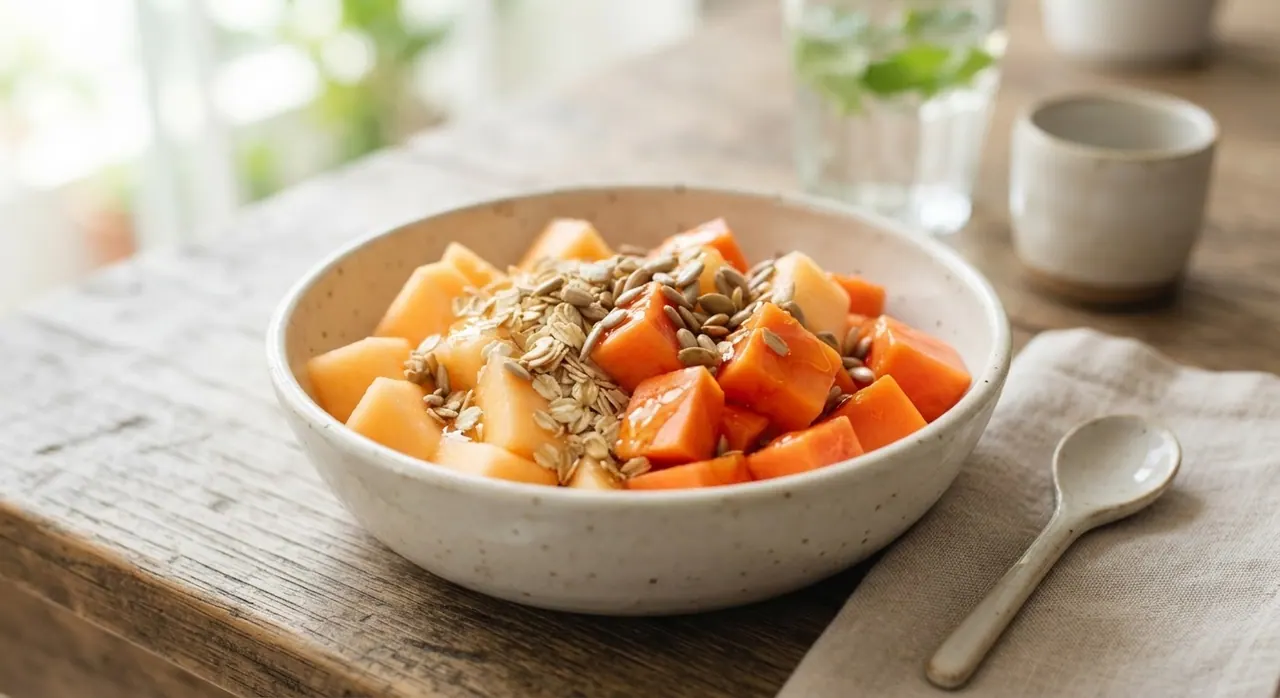 Plato de papaya y melón con avena, pepitas de girasol y miel