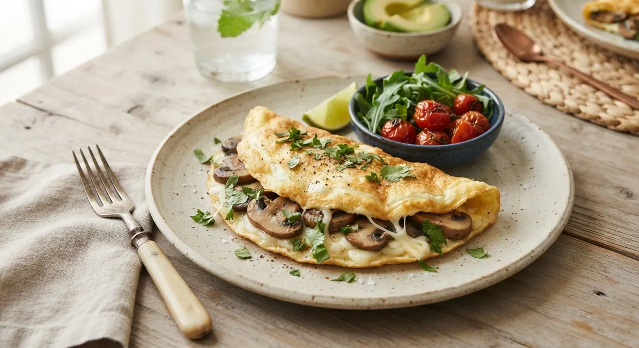 Omelette con clara de huevo, champiñones y quesillo