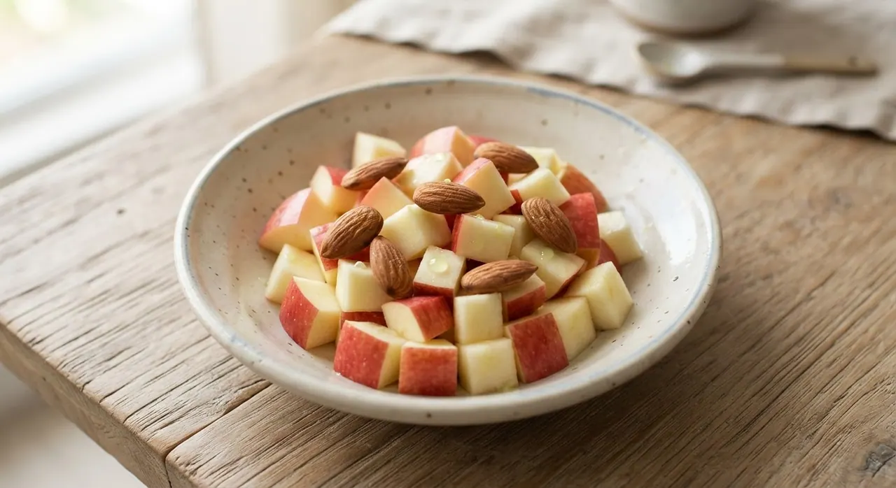 Una manzana cortada en cuadros y 5 almendras