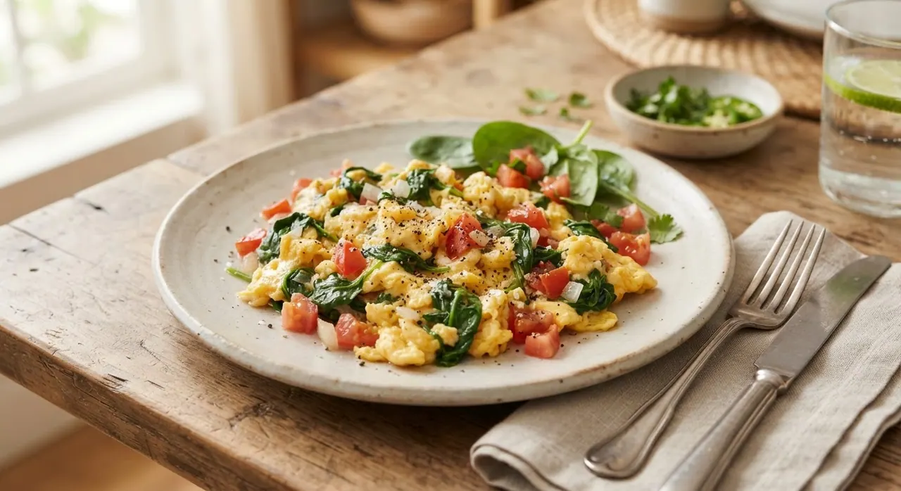 Huevo revuelto con tomate y espinaca