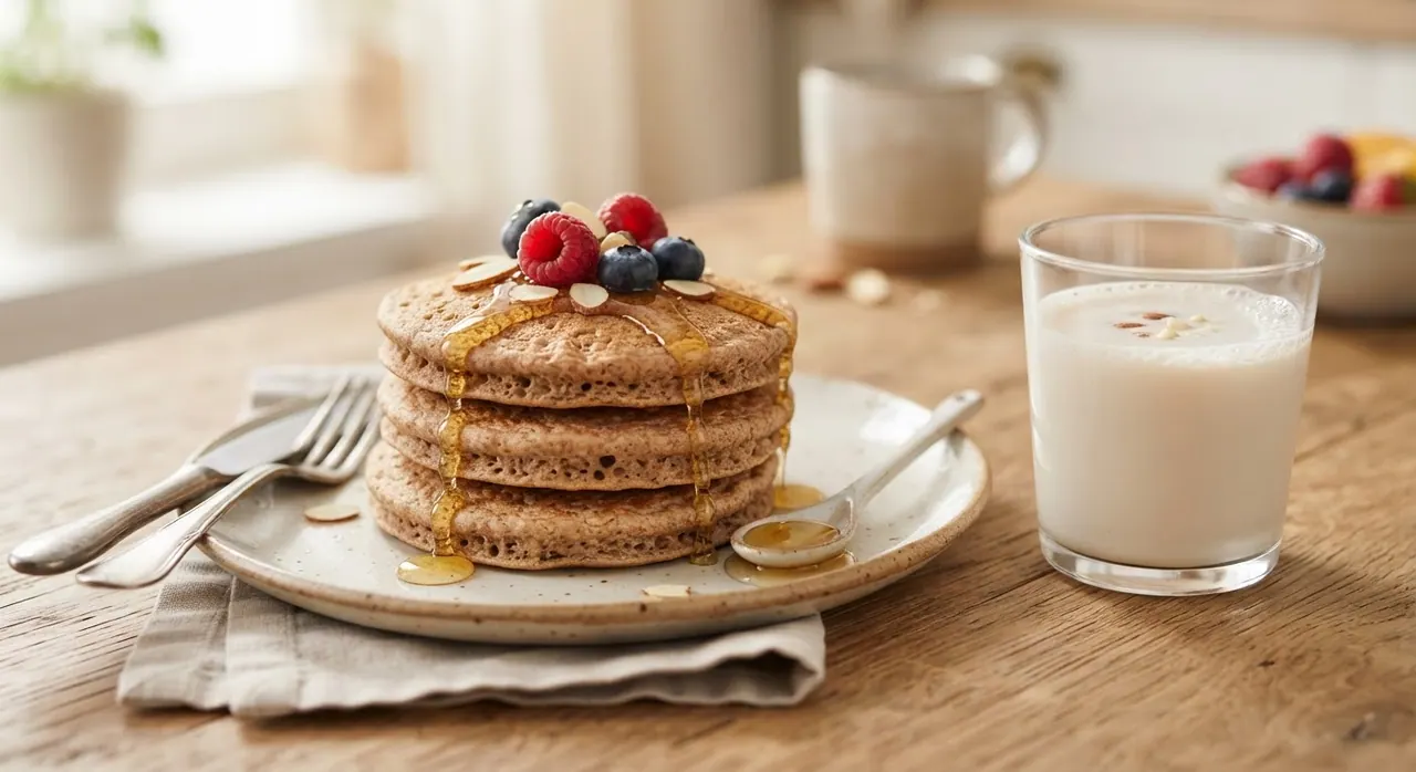 Hotcakes de trigo entero con miel y leche de almendras