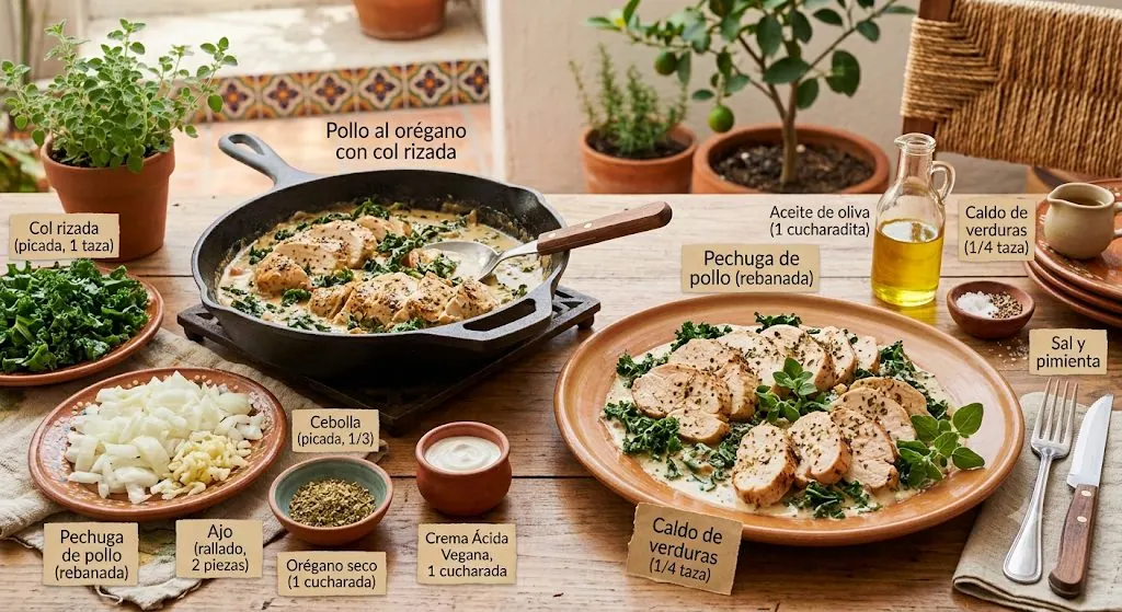 Pollo al orégano con col rizada