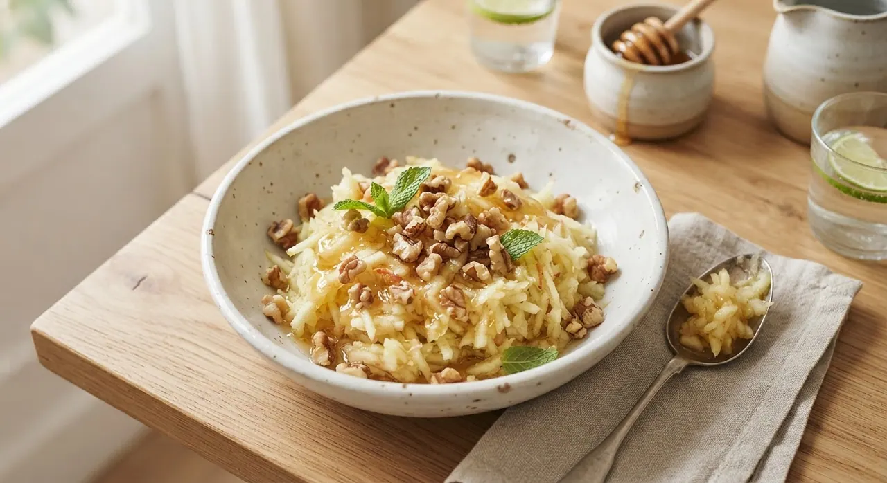 Dos manzanas ralladas con miel y nueces picadas