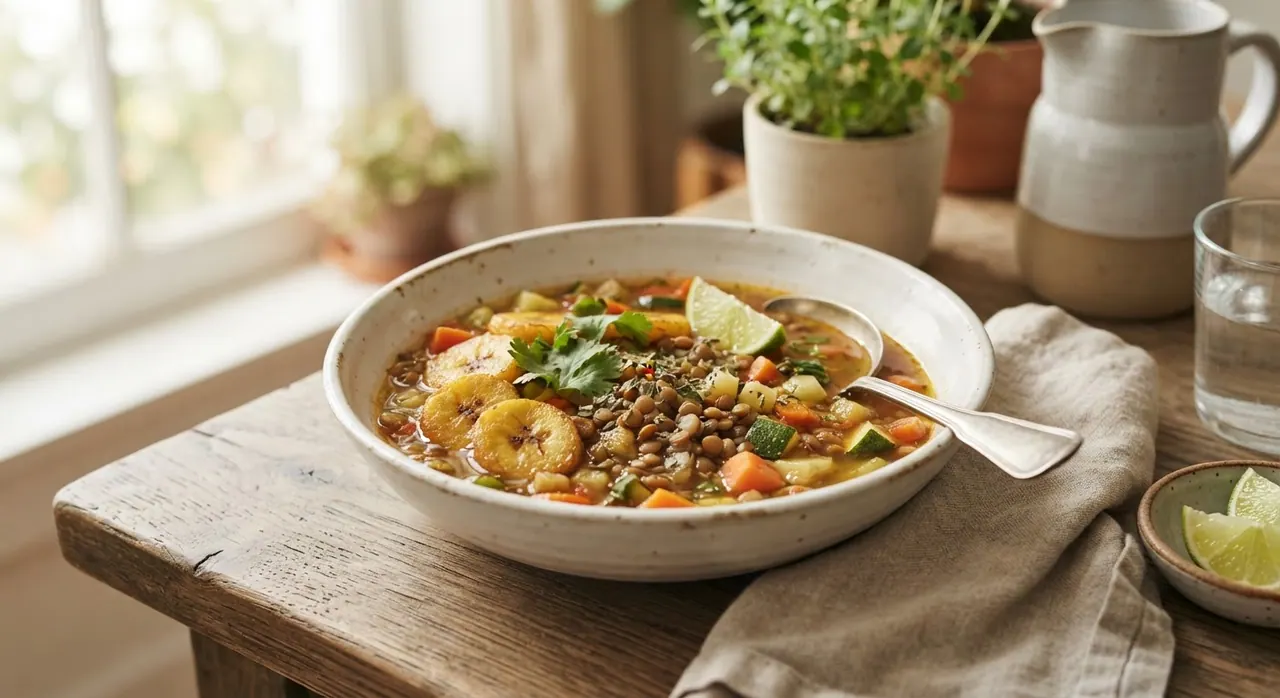 Caldo de lentejas con plátano macho y verduras
