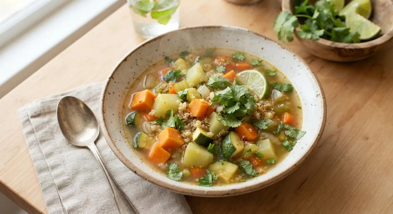 Caldo de verduras con camote, chayote y quinoa