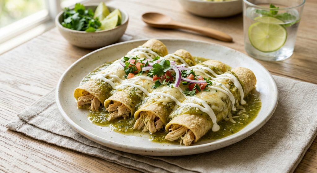 5 enchiladas suizas rellenas de pollo o queso panela