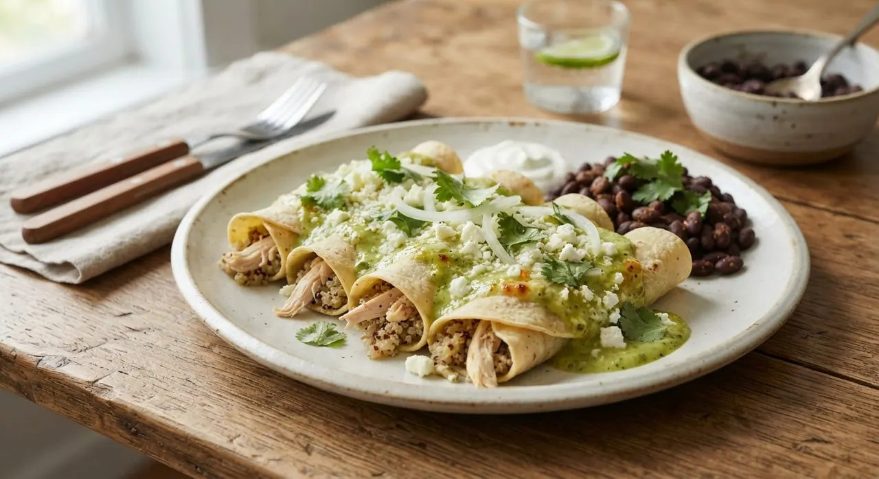 5 enchiladas suizas de pollo o queso panela con quínoa o frijoles