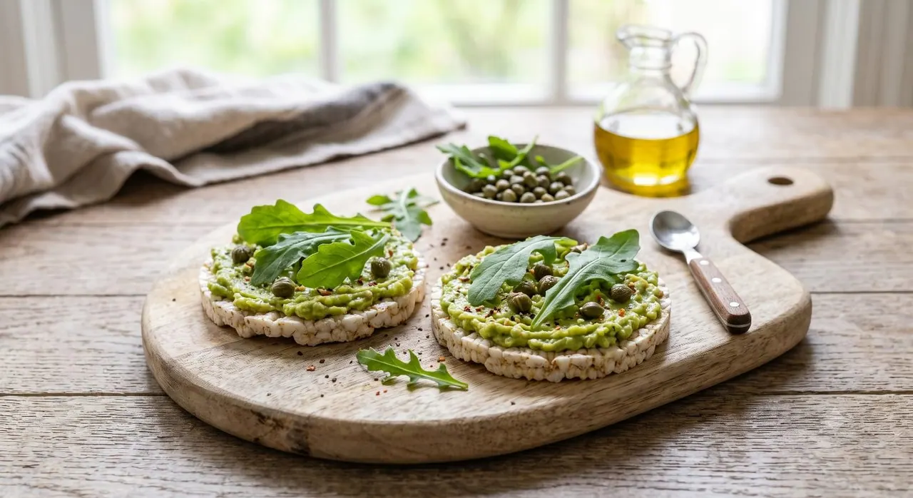 Aguacate con alcaparras sobre galleta de arroz