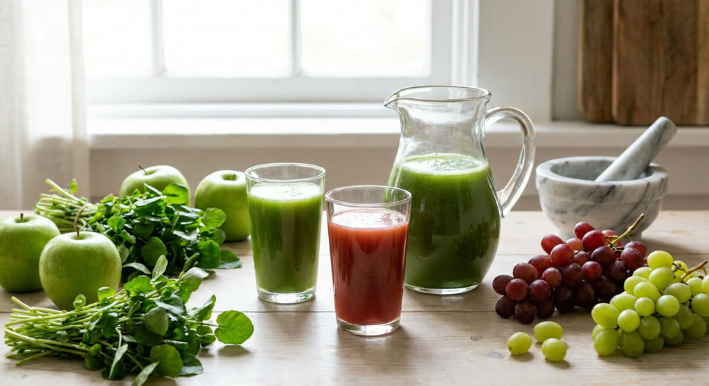 Jugo de desintoxicación de manzana, berros y uvas