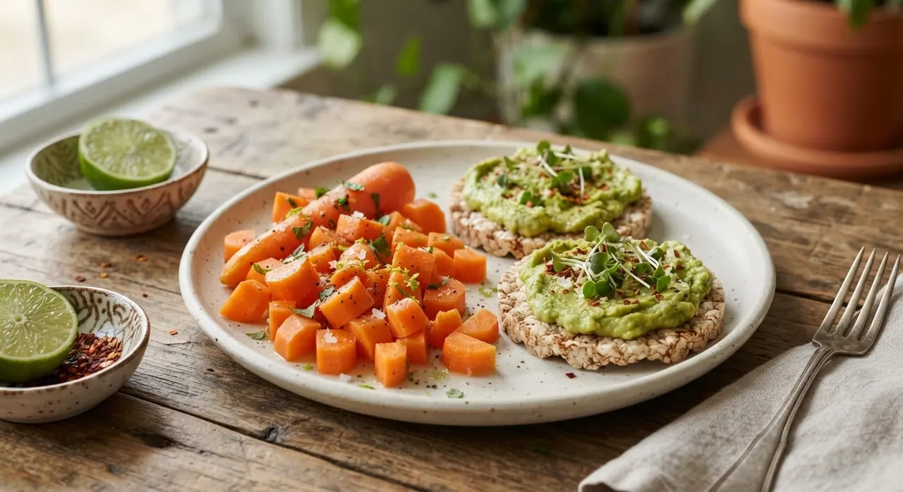 Zanahorias con Limón y Galletas de Arroz con Aguacate