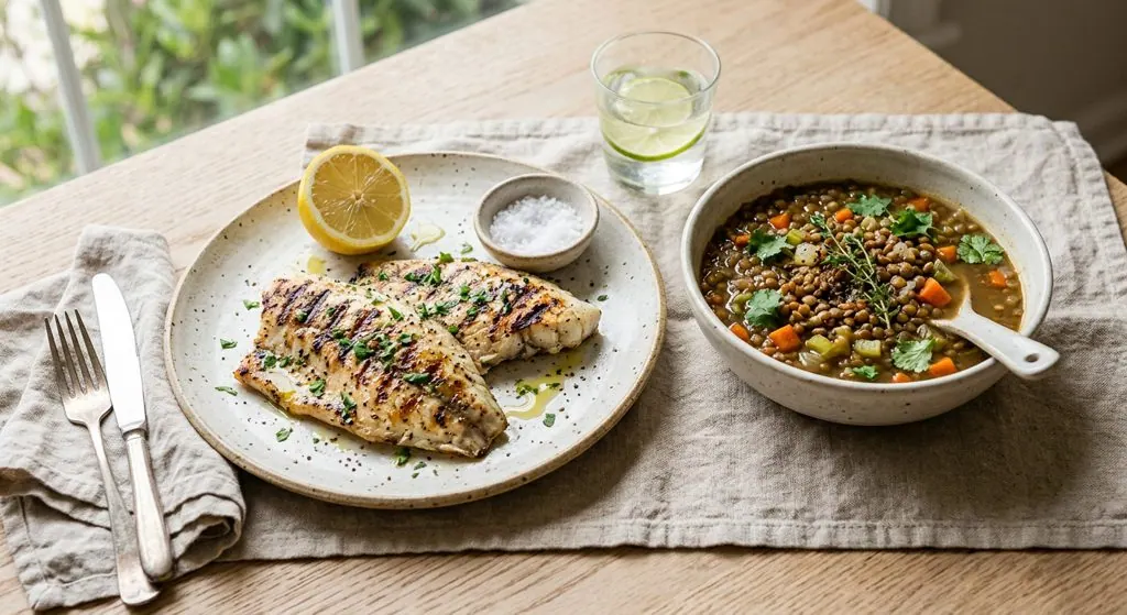 2 filetes de mojarra a la plancha con sopa de lentejas