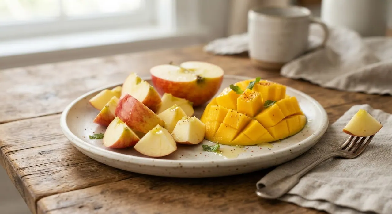 Una manzana en pedazos y medio mango