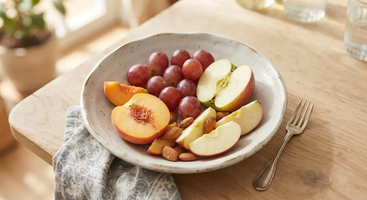 10 uvas, medio durazno, media manzana y 5 almendras