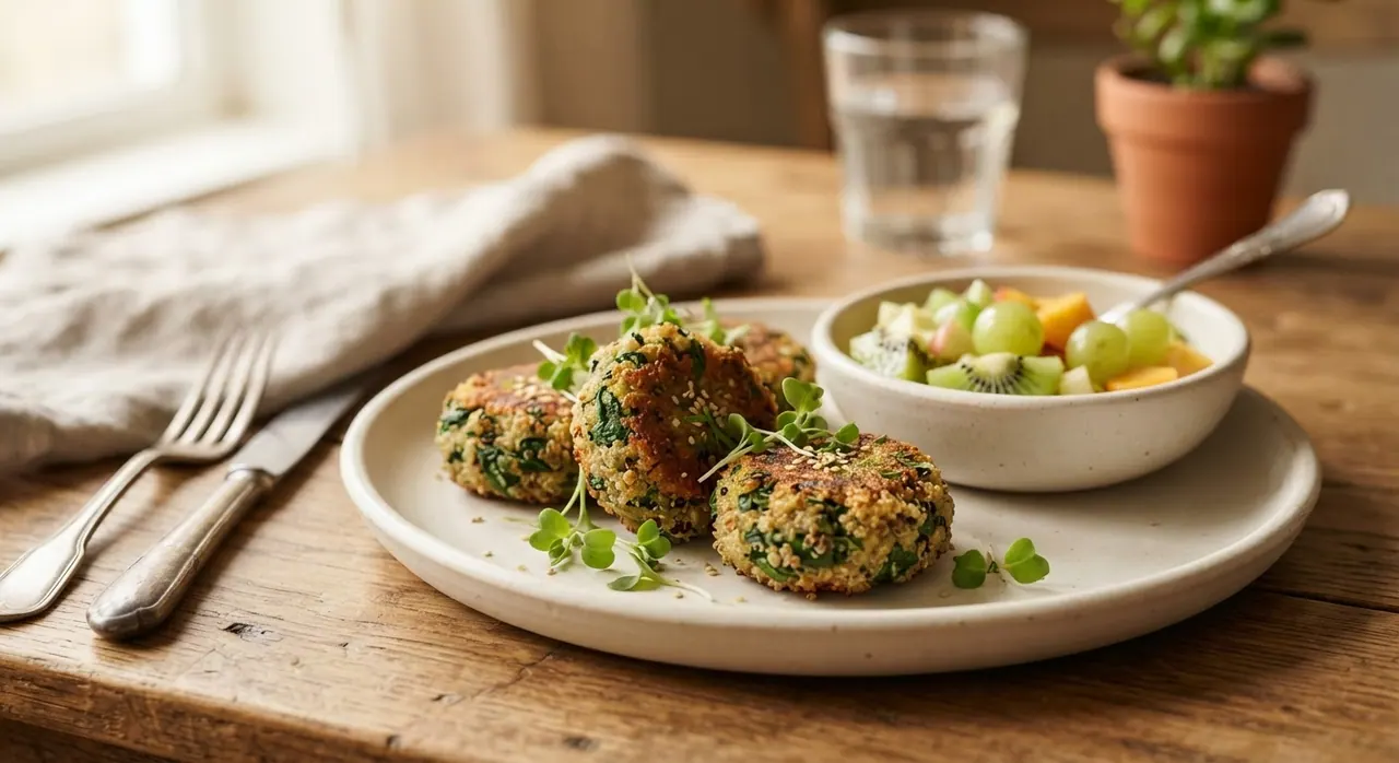 Croquetas de quinoa con espinacas y cóctel de frutas