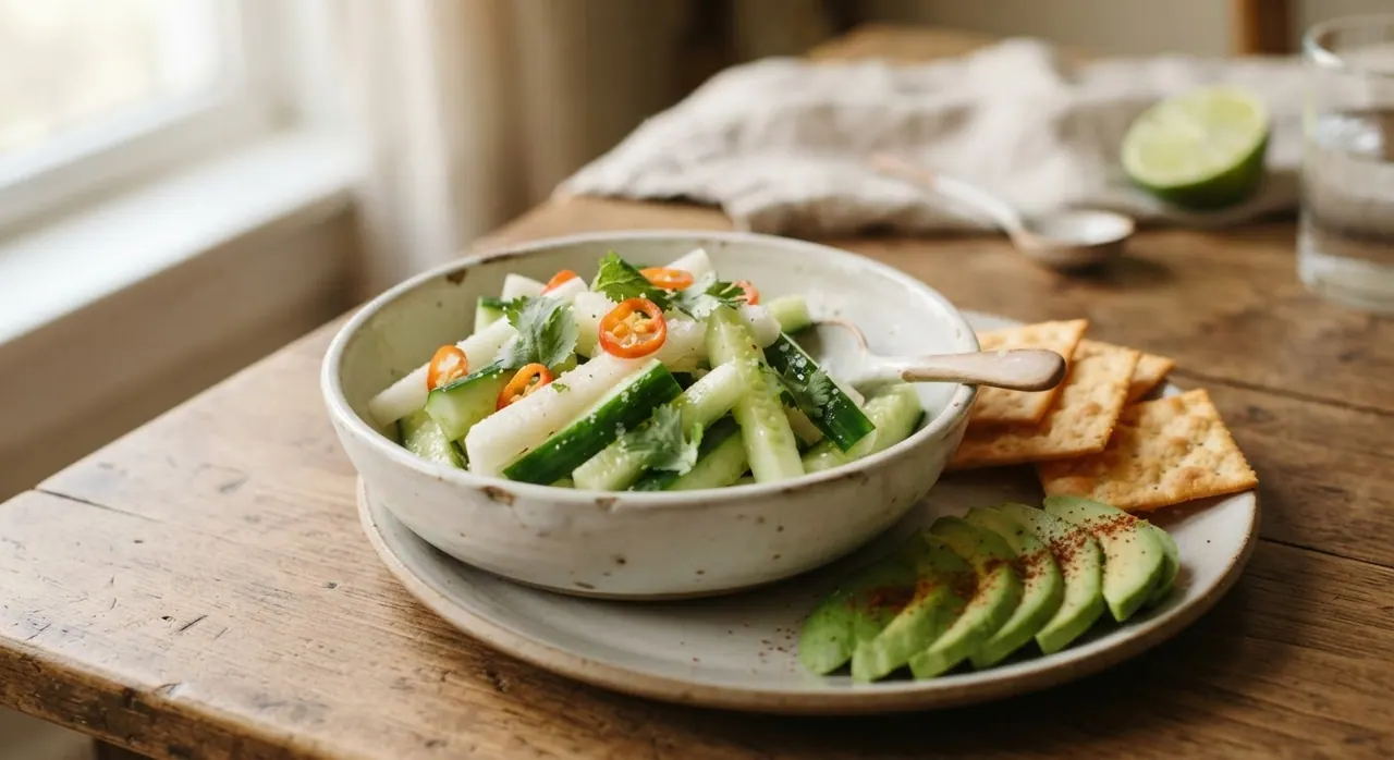 Pepino y jícama con habaneras y aguacate