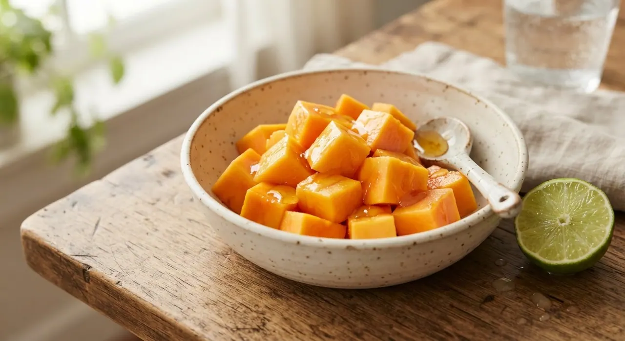 Un plato con papaya y miel de abeja
