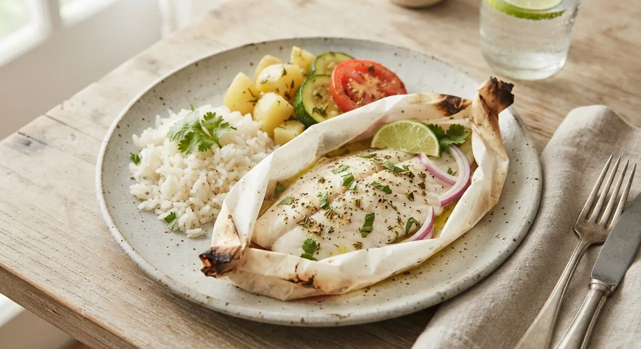 Pescado empapelado con verduras, arroz y papa cocida