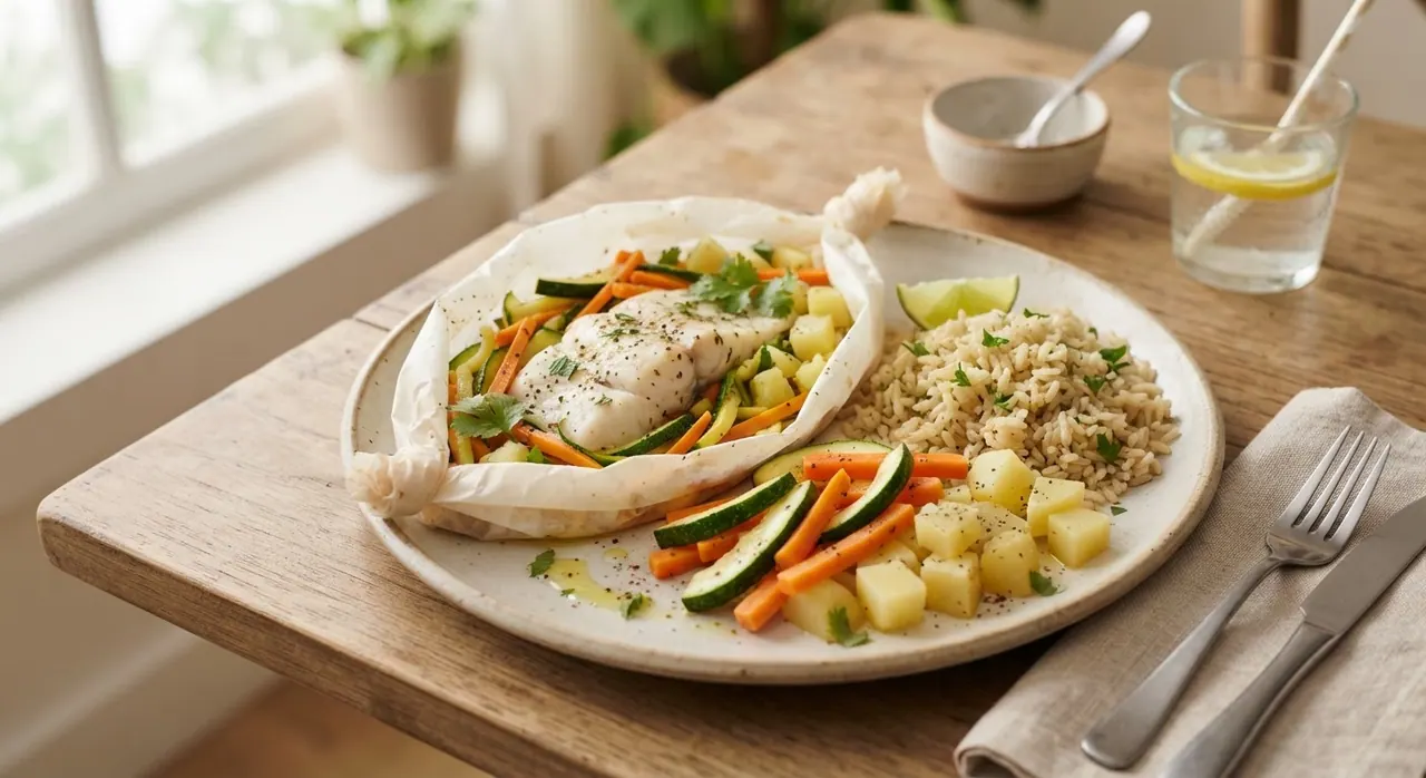 Pescado empapelado con verduras, arroz integral y papa cocida