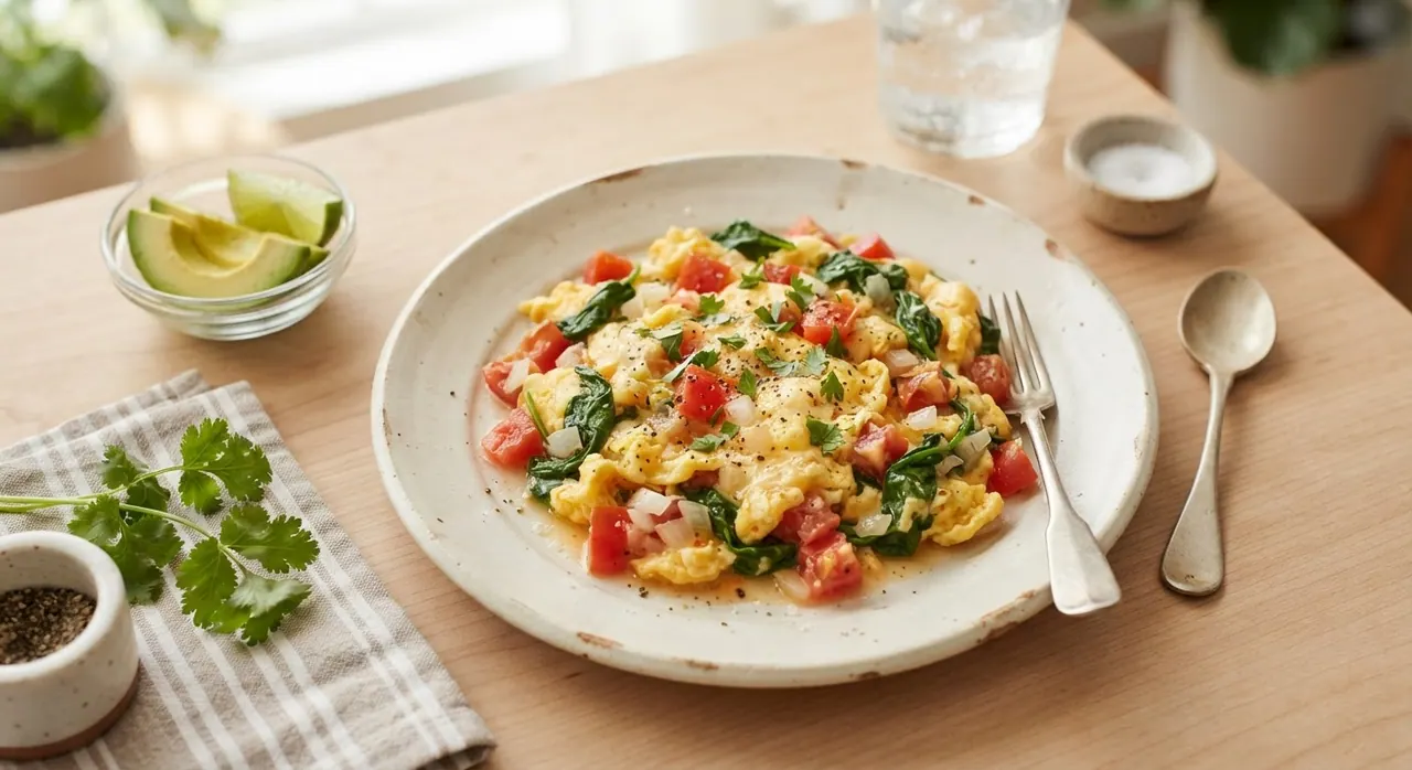 Huevo revuelto con tomate y espinacas