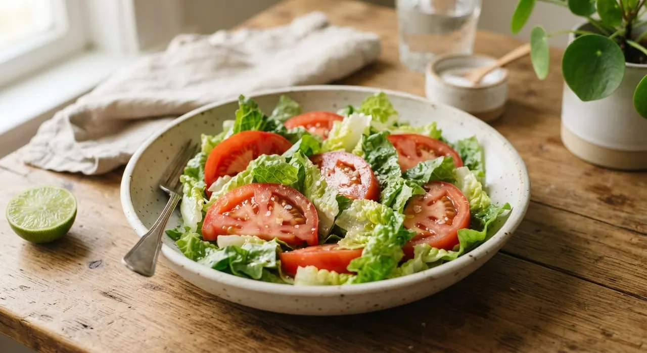 Ensalada de lechuga y tomate con limón y sal
