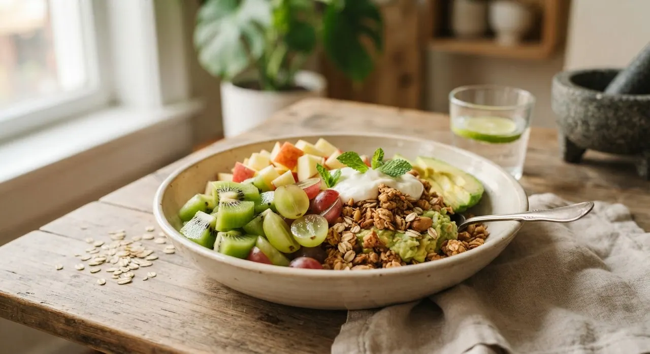 Cóctel de frutas con tarta de avena y aguacate