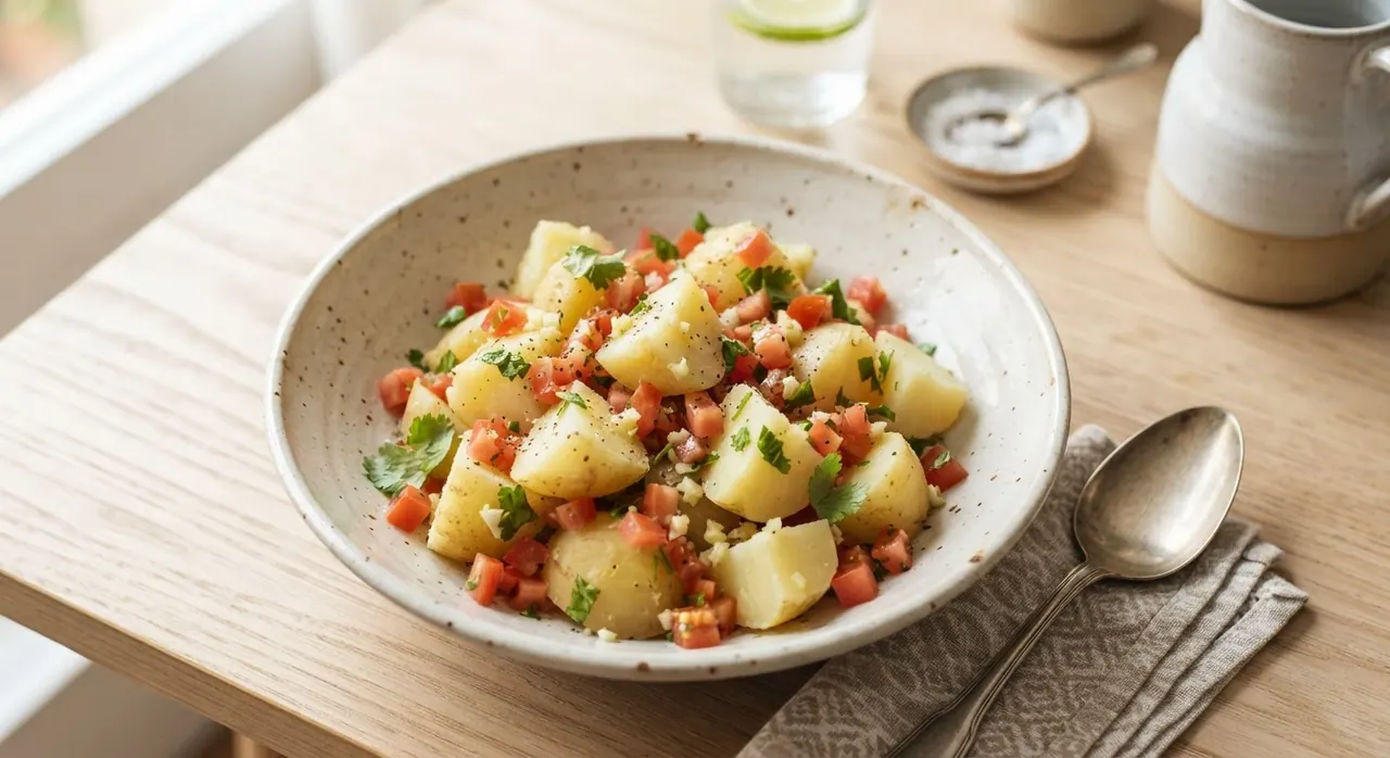 Ensalada de papa cocida con ajo y tomate
