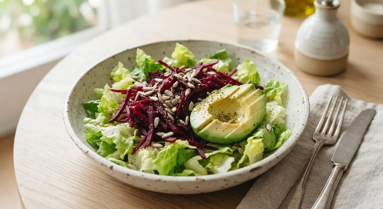Ensalada de lechuga, betabel y aguacate