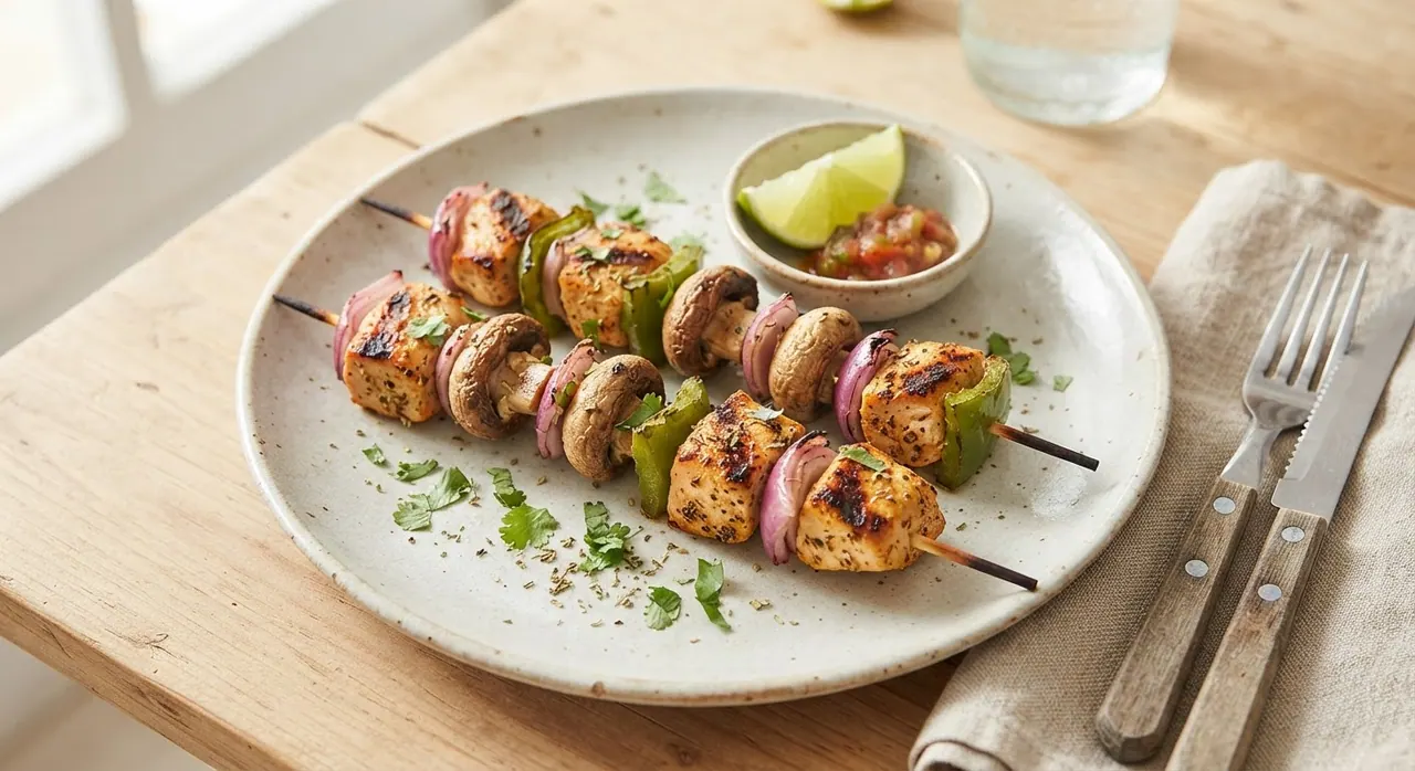 Brochetas de pollo con champiñones