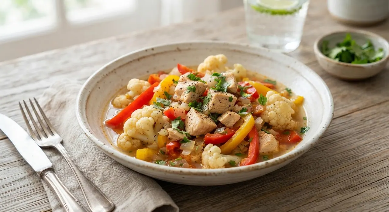 Guiso de pechuga de pollo con coliflor y pimiento