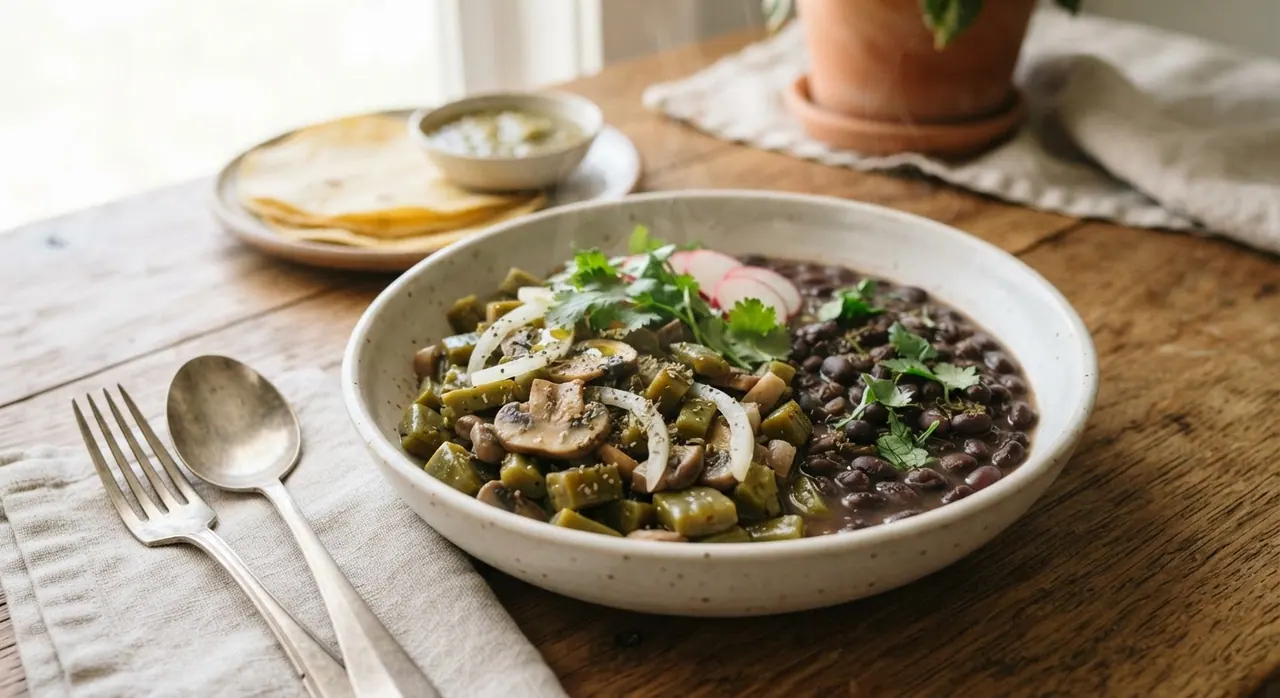 Nopales guisados con champiñones, cebolla y arroz o frijoles