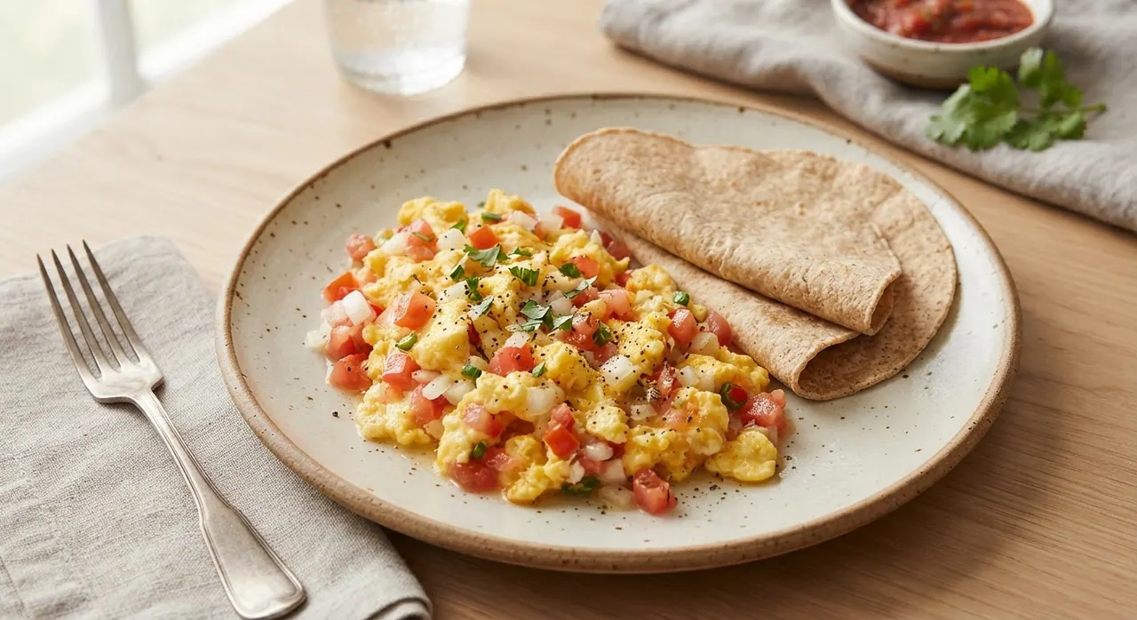 2 huevos revueltos a la mexicana con tortillas
