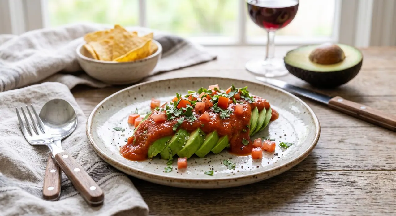 Aguacate cubierto con salsa de tomate