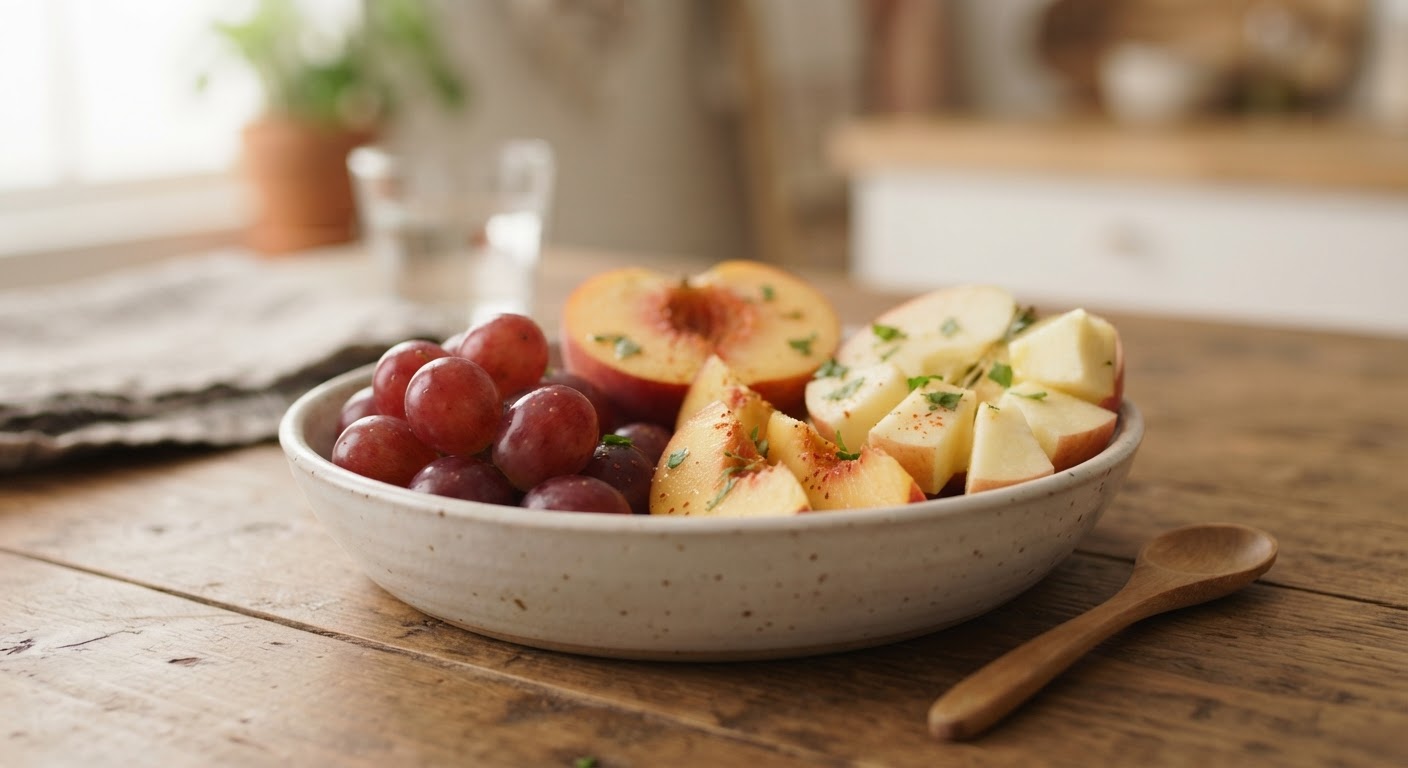 10 uvas, medio durazno y media manzana