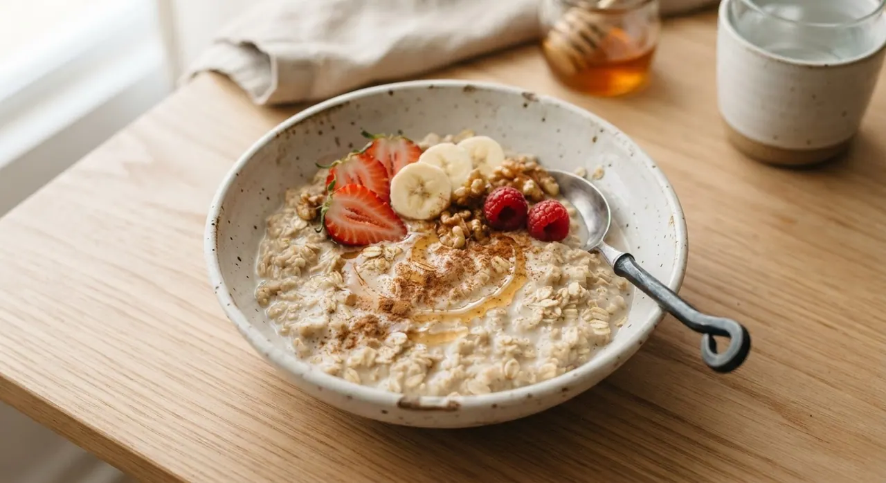 Un plato de avena remojada con miel