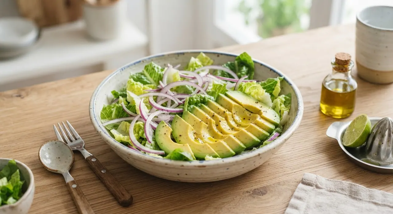 Ensalada con lechuga, cebolla morada y aguacate