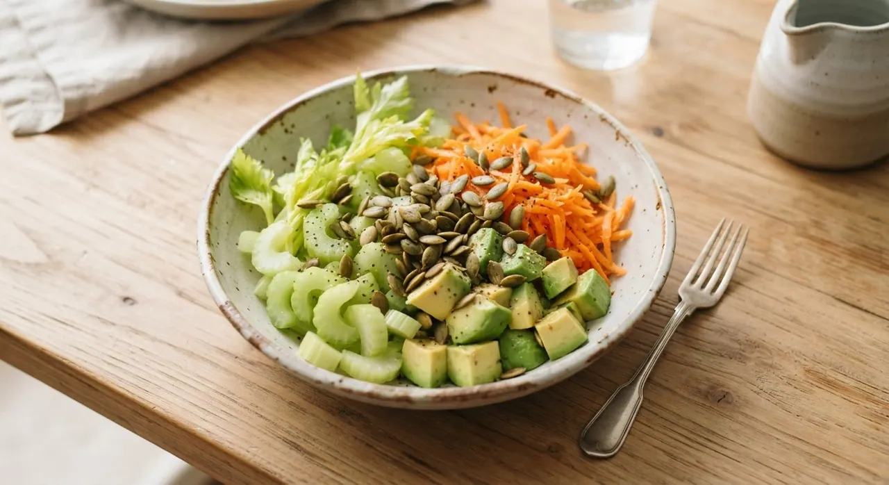 Ensalada de apio, zanahoria, aguacate y pepitas