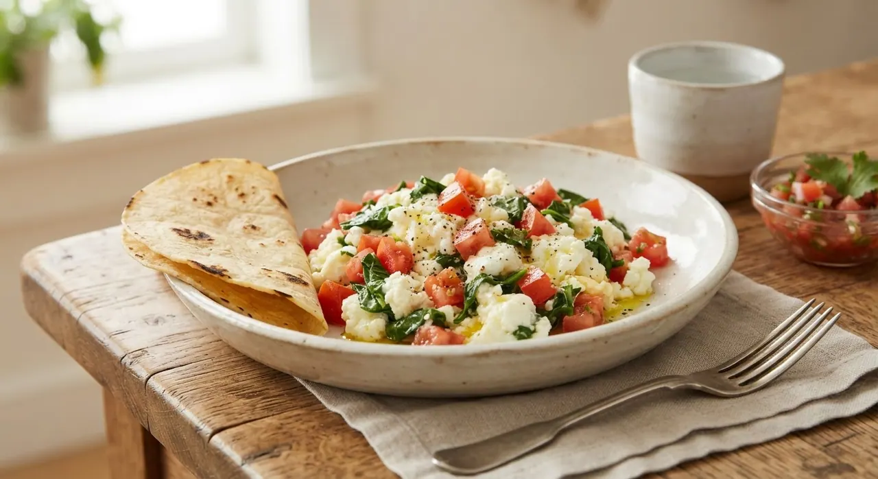 Huevo revuelto de claras con tomate y espinacas