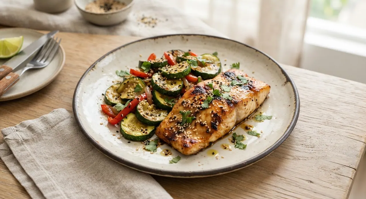 Pescado teriyaki con calabacita tierna