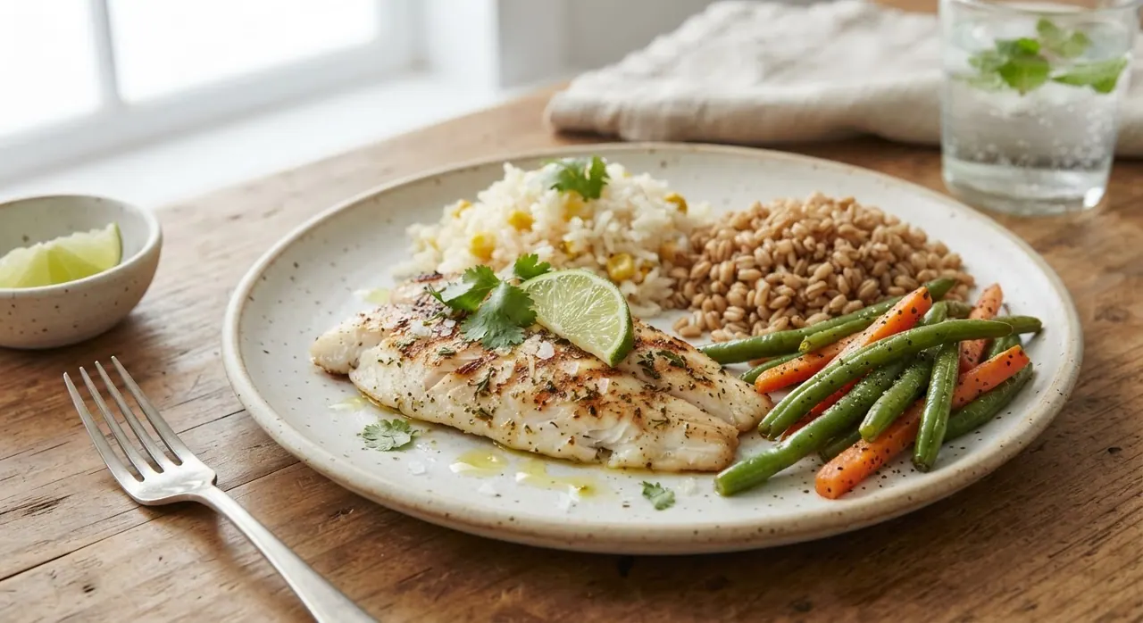Pescado a la plancha con verduras, arroz y trigo