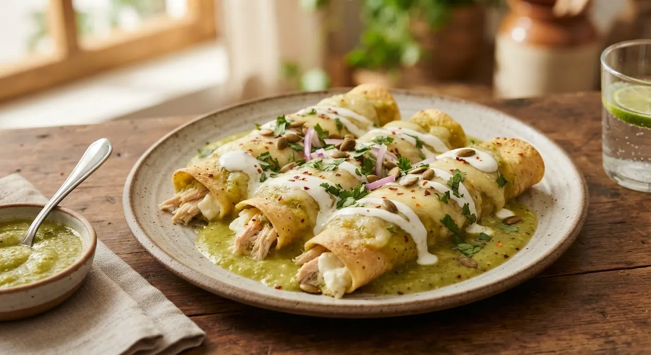 4 enchiladas suizas rellenas de pollo o queso panela