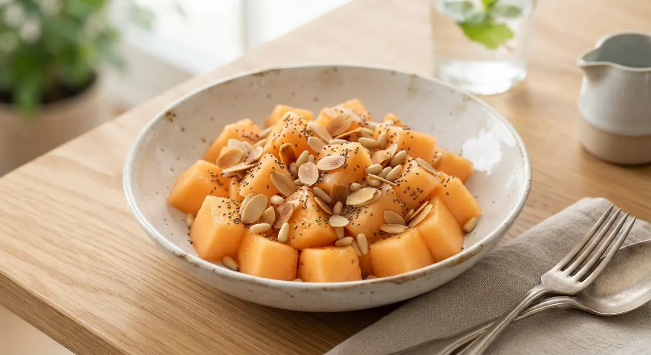 Medio plato de melón con almendras o piñones