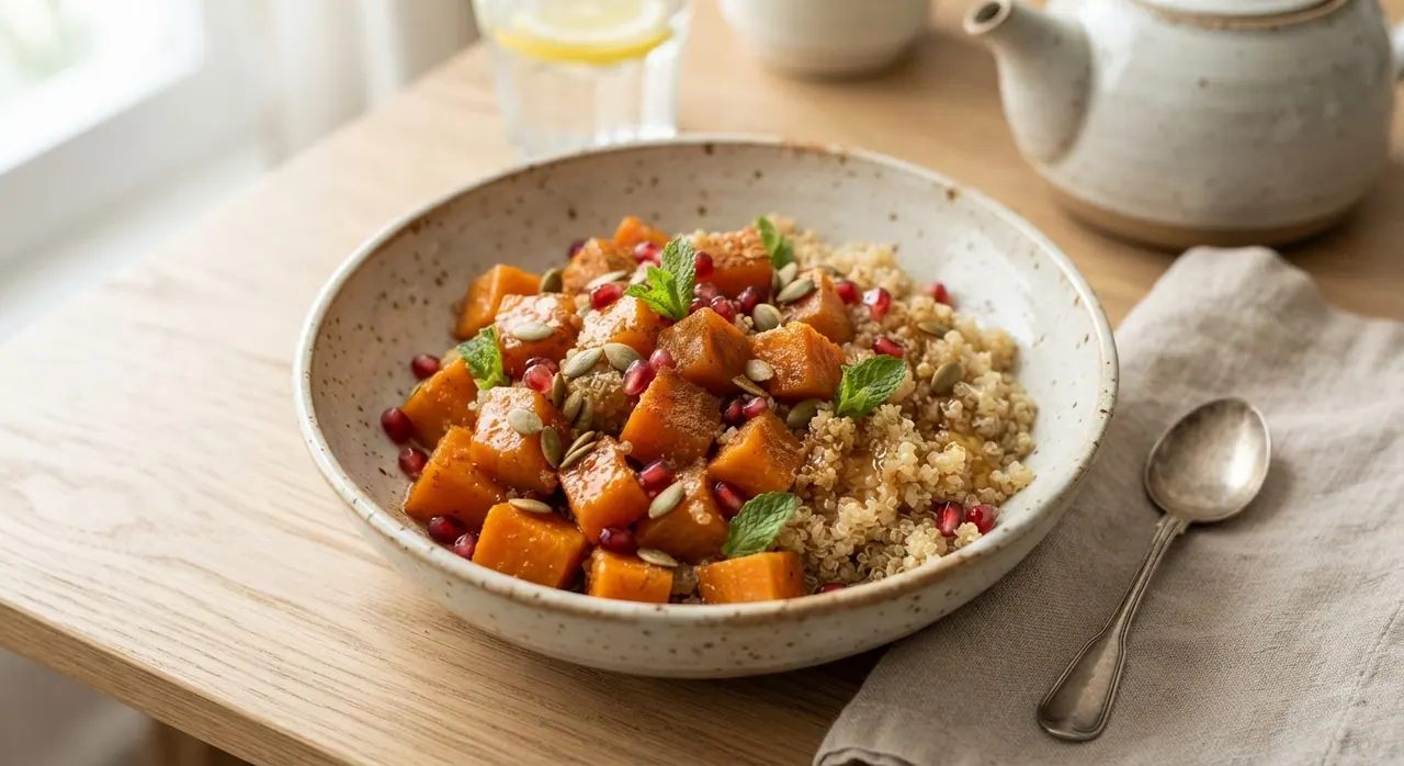 Camotes al baño maría con miel y quinoa