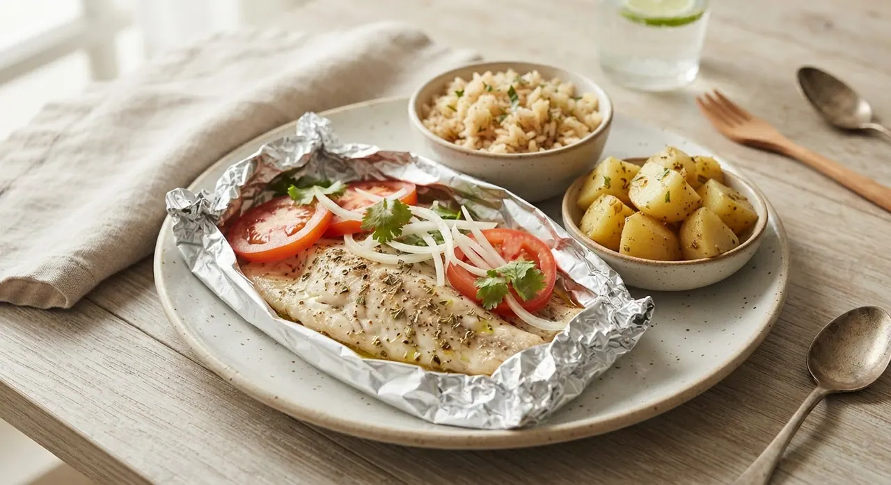 2 filetes de mojarra empapelados con arroz integral y papa cocida